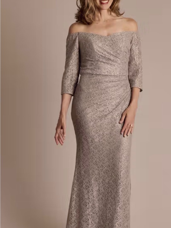 Oleg Cassini Dresses & Skirts - Oleg Cassini Off-the-Shoulder Lace Gown in Taupe